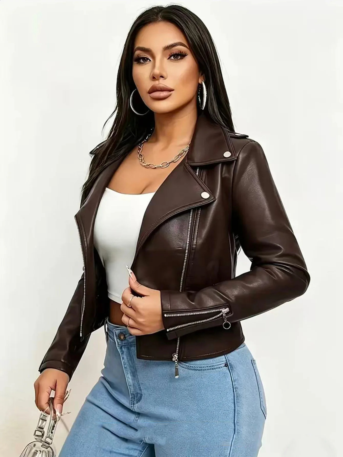 Womens Slim Fit Short PU Leather Jacket 2026 Fashionable Versatile Motorcycle Jacket for Spring And Autumn 260921