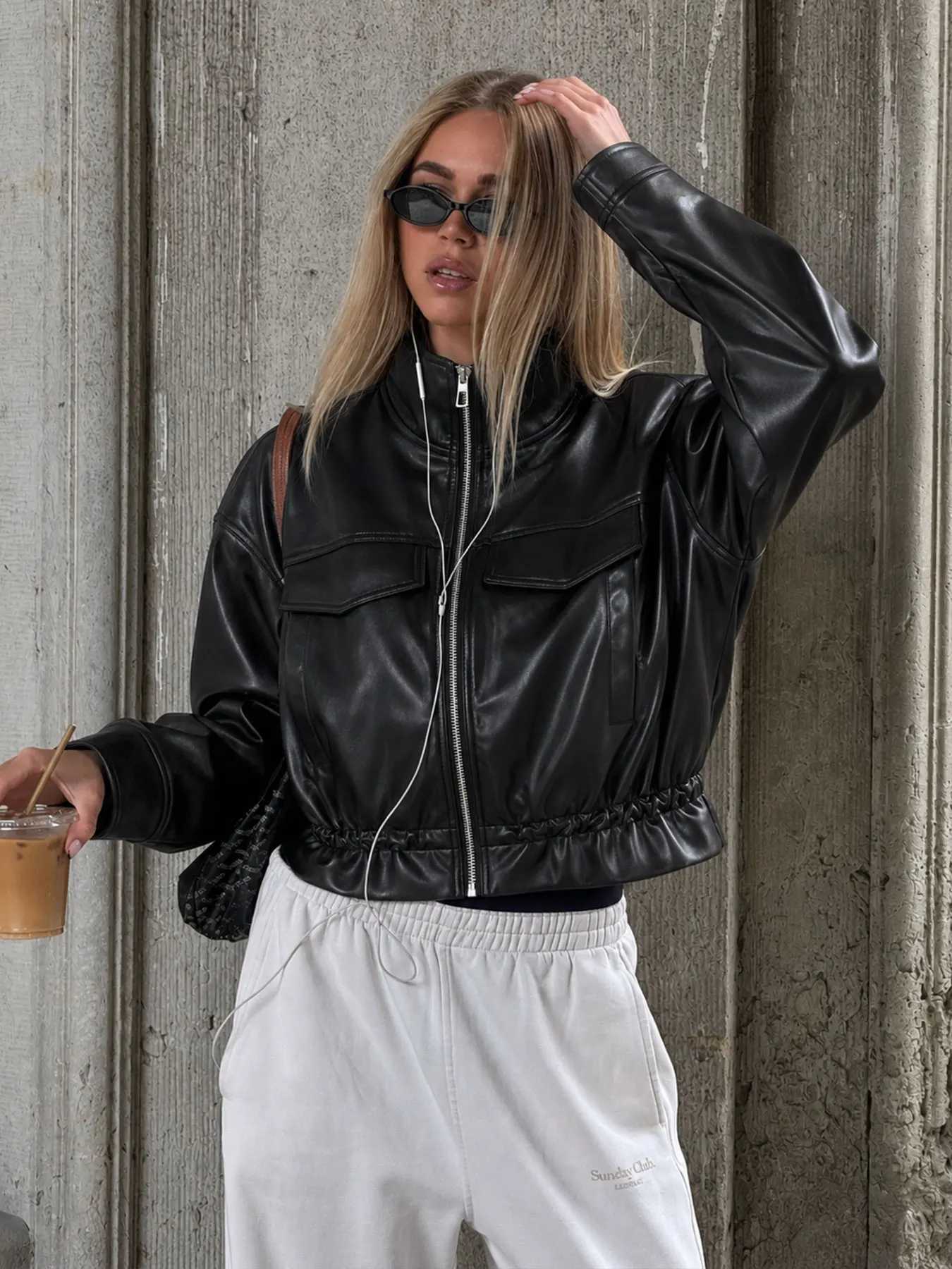Vintage HH Women Solid Faux Leather Jacket Stand Collar Long Sleeve Zipper Coat Autumn Fashion Casual Chic Female Outerwear C260921