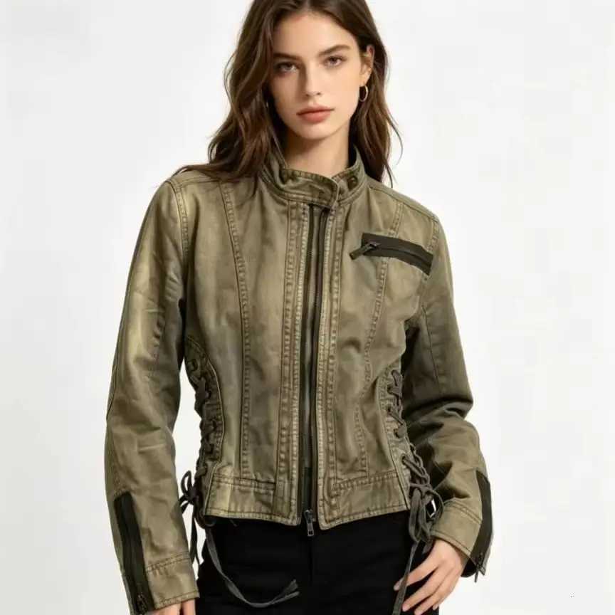 Women's Jackets Y2K Retro Army Green Zipper Jacket Women's Sexy Harajuku Slim Denim Jacket Autumn Winter Short Stand Collar Gothic Coat C2