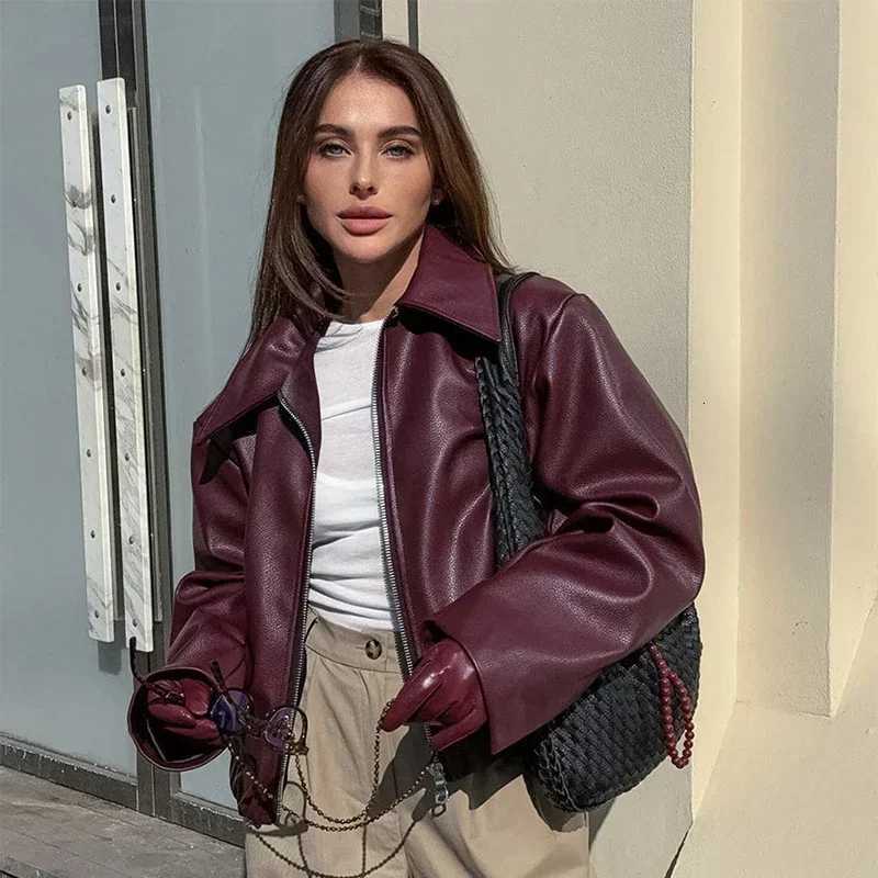 Summer Zekye Spring Women Jackets Fashion Lapel Zipper Long Sleeve Female Coats Lady Street Outwear Burgundy Leather Jacket C260921