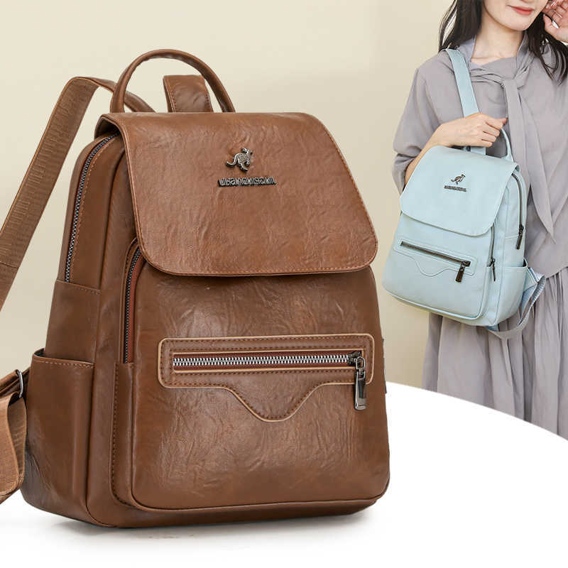 Solid Women Backpack Color Style Faux Leather Casual Backpack Flap Shoulder Bag with Front and Back Zipper Pockets Adjustable Strap Daily Tote H2609