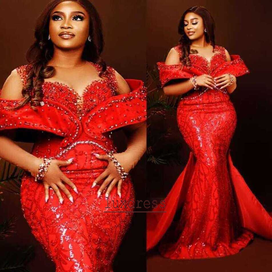 ASO EBI Red Plus Size Prom Dresses For African Women Beads Appliques Mermaid Formal Evening Gowns Reception Engagement Lux Robes de soiree