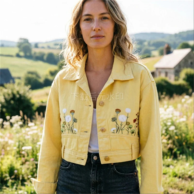 Ladies' Yellow Embroidered Flower Short Denim Jacket Fashionable and Romantic Style for Spring Autumn a Versatile Outerwear 260921