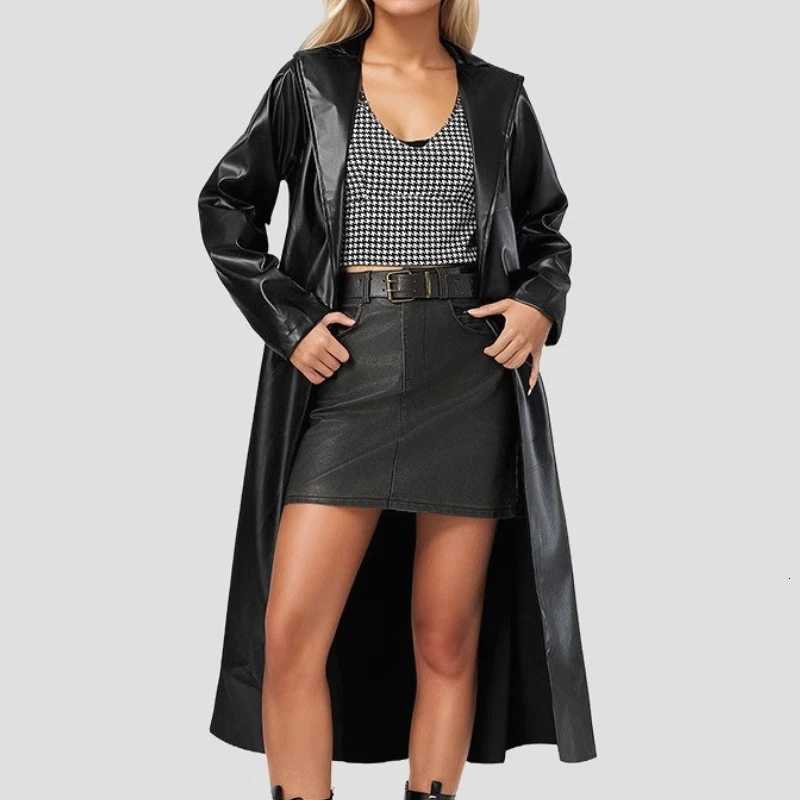 Women Long Coat Faux Leather Coats Slim Fit Turn Down Collar Y2k Streetwear Lace Up Jackets Work Elegant Maxi Open Stitch Jacket C260921