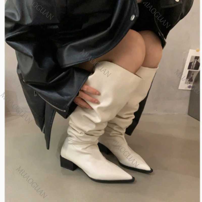 The Boots Women Knee Over High Boots Fashion Suede Pointed Toe Shoes Autumn Winter Thick Middle Heel Western Cowboy Long Botas Mujer H2609211