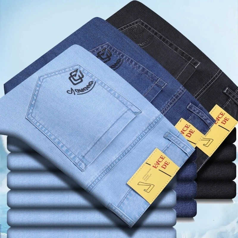Summer Men's Jeans New Business Casual Ice Silk Jeans Fashion Men's Slim Straight Versatile Denim Pants Lyocell Fabric Ice Y2K Thin Jean T