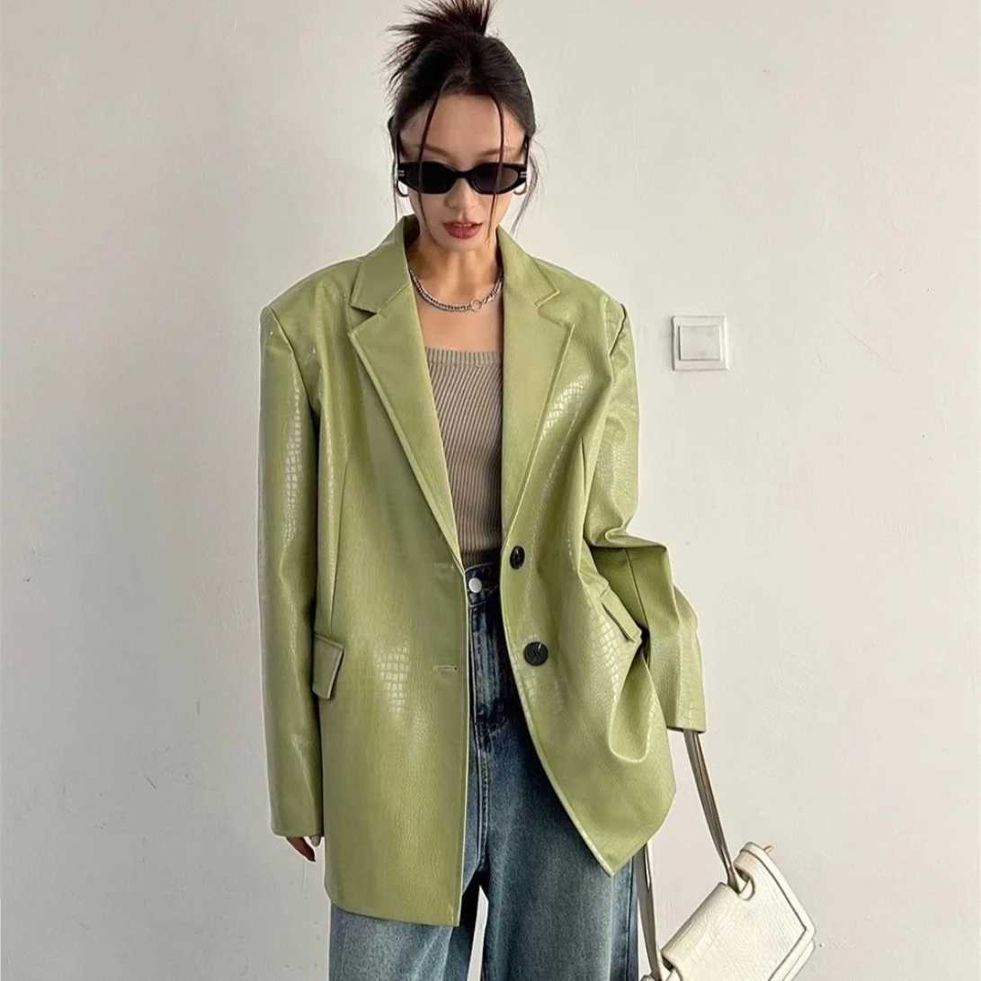 Mid Long Solid Women's Leather Jacketsloose Elegant Luxury PU Suit Coats Long Sleeve Single Breasted Outerwears 2026 Spring New C260921