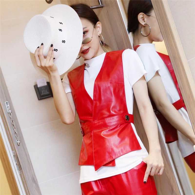 Leather Vest Women's Red Sheepskin Small Short Vest Genuine Leather Slim Outerwear V Neck Spring Autumn C260921