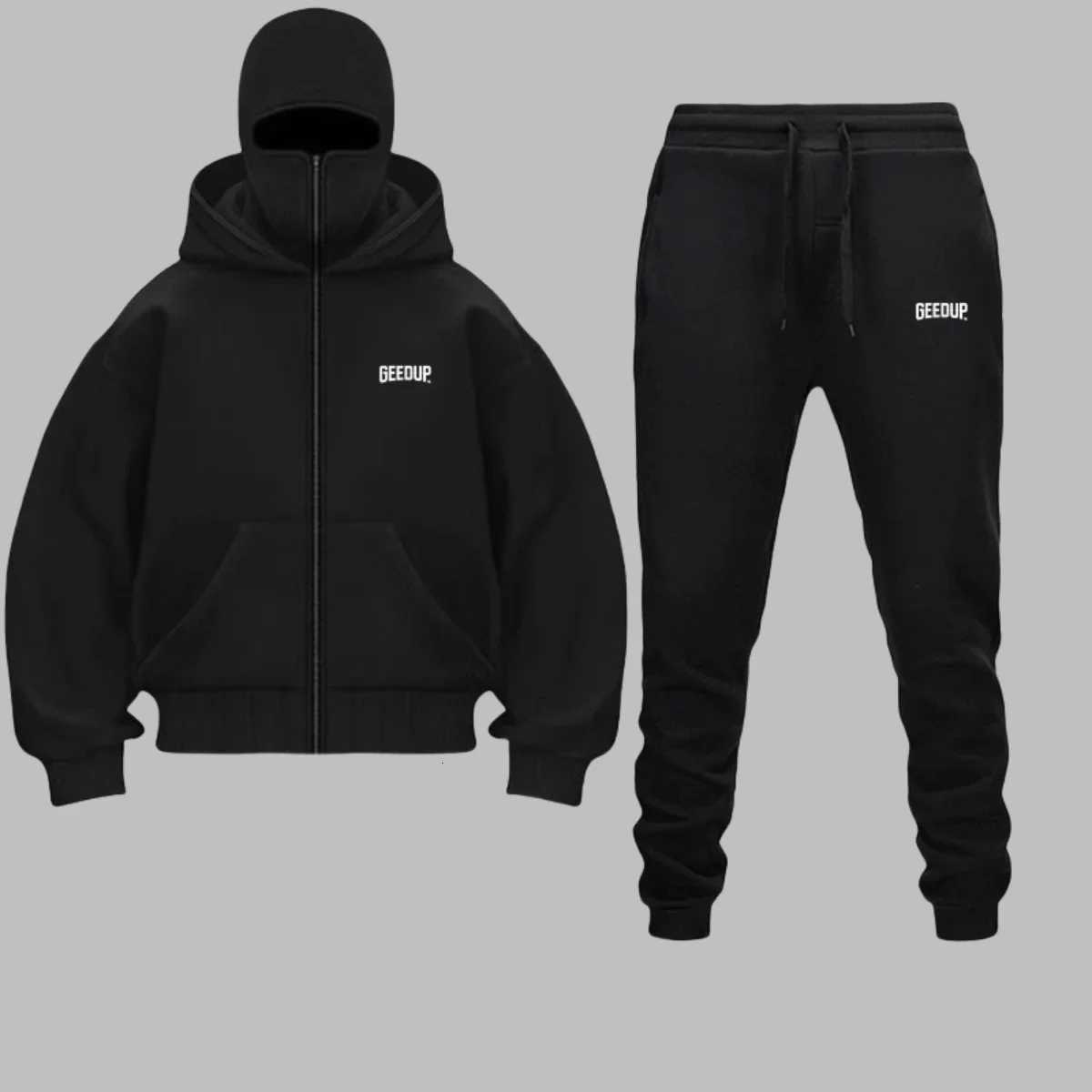 Tracksuits 2025 Autumn Men's Winter Men Zippered Hooded Sweatshirt Set - Balakrava Street Fashion Windproof Ninja Letter Design Two-Piece Set J