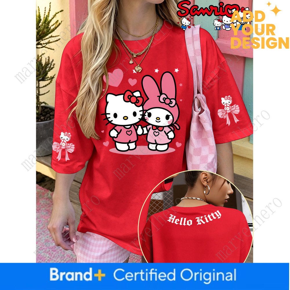 Sanrio Officially Licensed Sweet Hello Kitty My Melody In Hand Printed Summer Women S T Shirt Flesh Covering Crew Neck Short Sleeve Plus Size Top