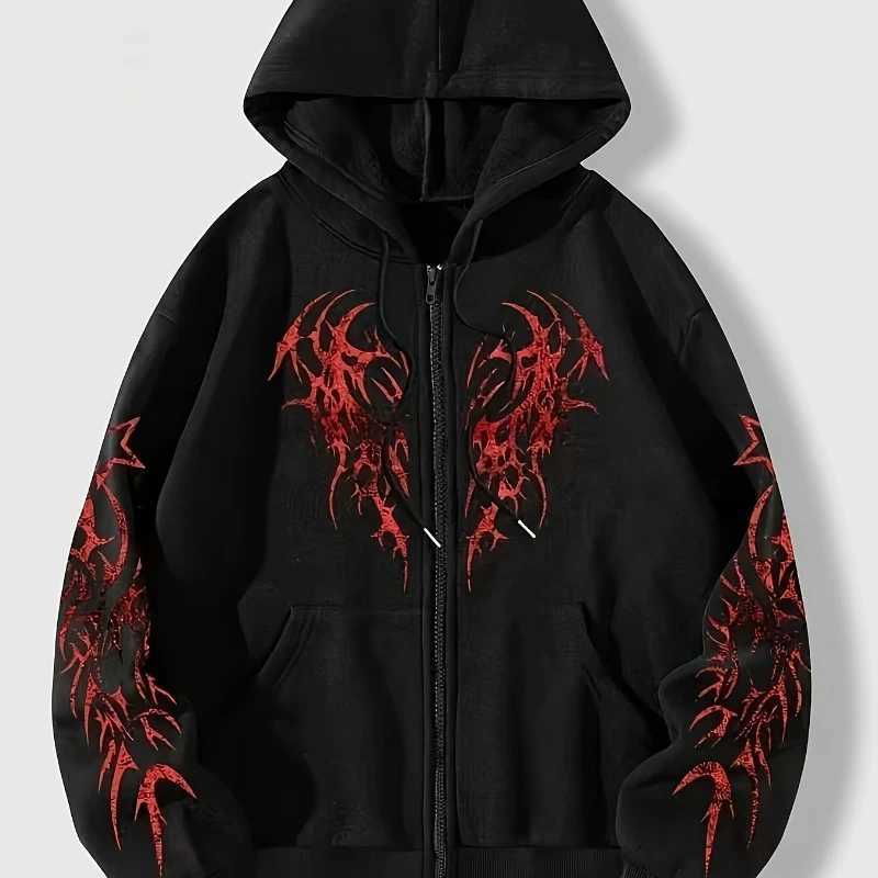 Men's Hoodies Sweatshirts Autumn and Winter New Men's Fashionable and Trendy Casual Hoodie Zipper Jacket Y2K Printed Pattern Casual Retro