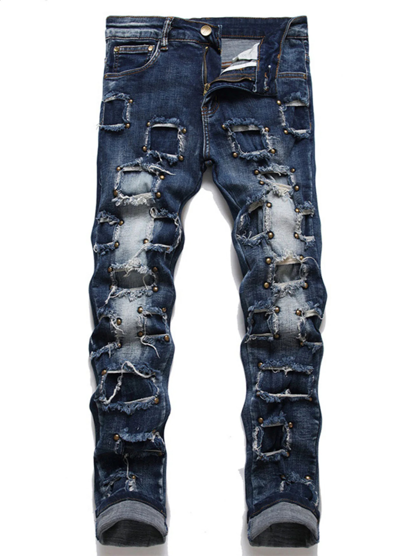 punk men's jeans with nail beads multiple holes patchwork beggar style men's fashion street personality small straight 260921