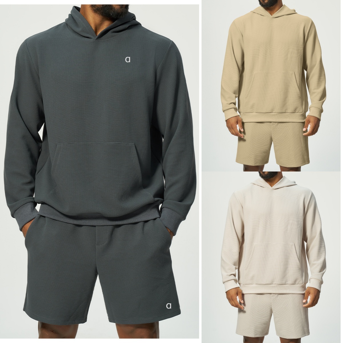 3002AO Men's Fashion New Waffle 3D Silver Hoodies Loose Sports and Casual Pullover Loose Comfortable Sports and Leisure Fitness Sport Shorts