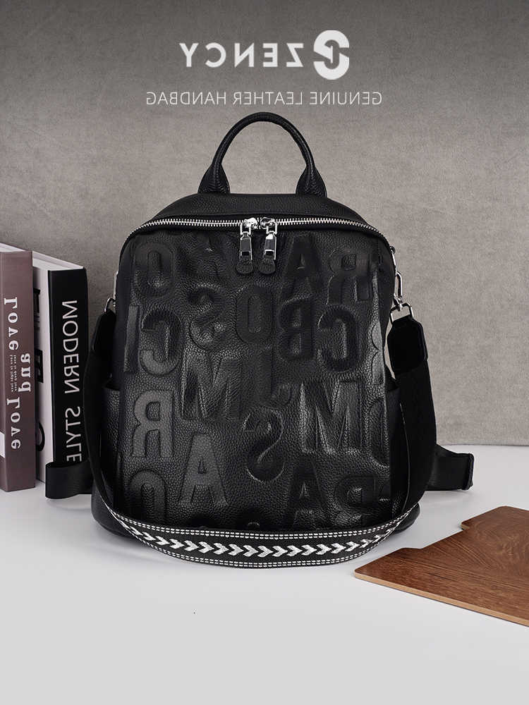 Style Zency Soft Genuine Backpack Leather Women Backpack Stylish Embossing Letter Travel Rucksack Single Shoulder Bag Mochila Leather Bags H260922