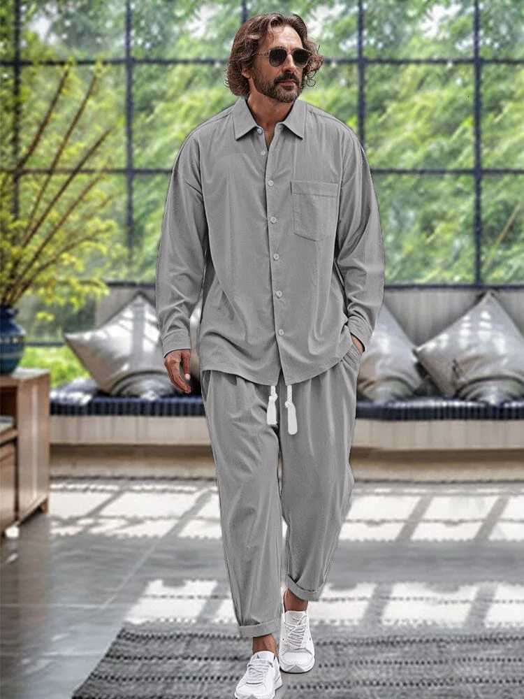 Long-Sleeved Men's Tracksuits Men's Two-Piece Fashion Comfortable Cotton And Linen Casual Pocket Lapel Single-Breasted Loose Street Suit J
