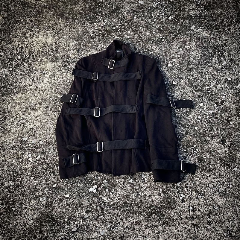 Men Gothic Punk Jacket Multiple Strap Metal Buckle Stand Collar Black Coat Y2K Harajuku Streetwear Alternative Outerwear For Men 260921