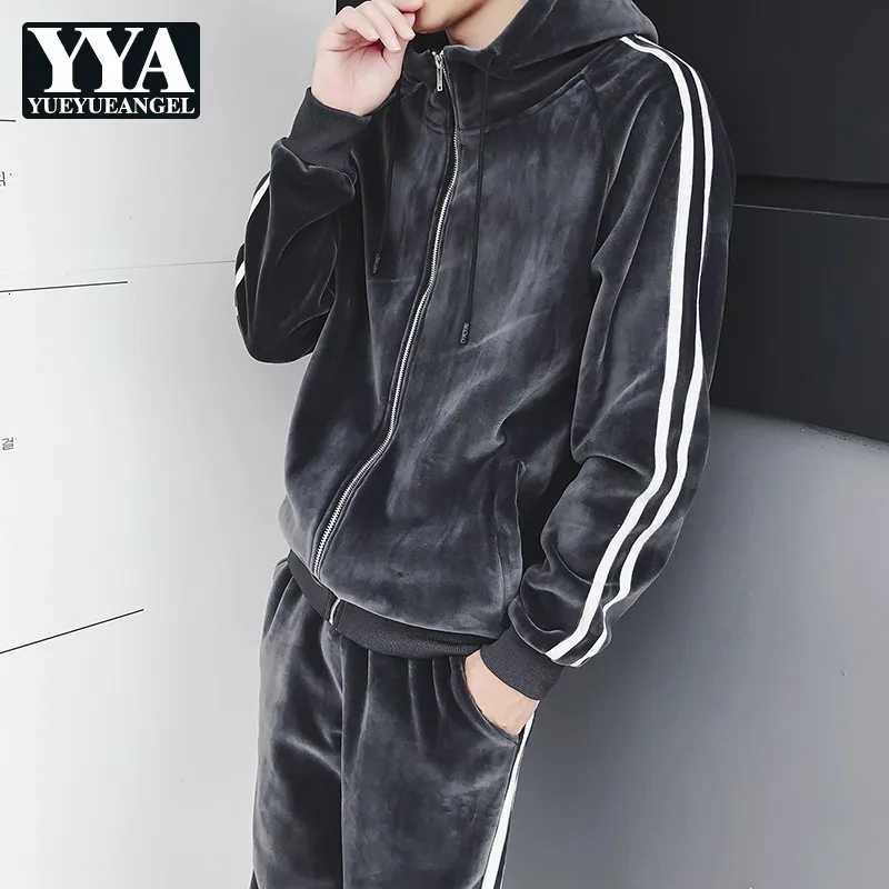 Sets Fashion Men's Tracksuits Mens Autumn Winter Hooded Casual Sportswear Sweatpants New Running Pants Korean Style Vintage Male Two-Piece Suit