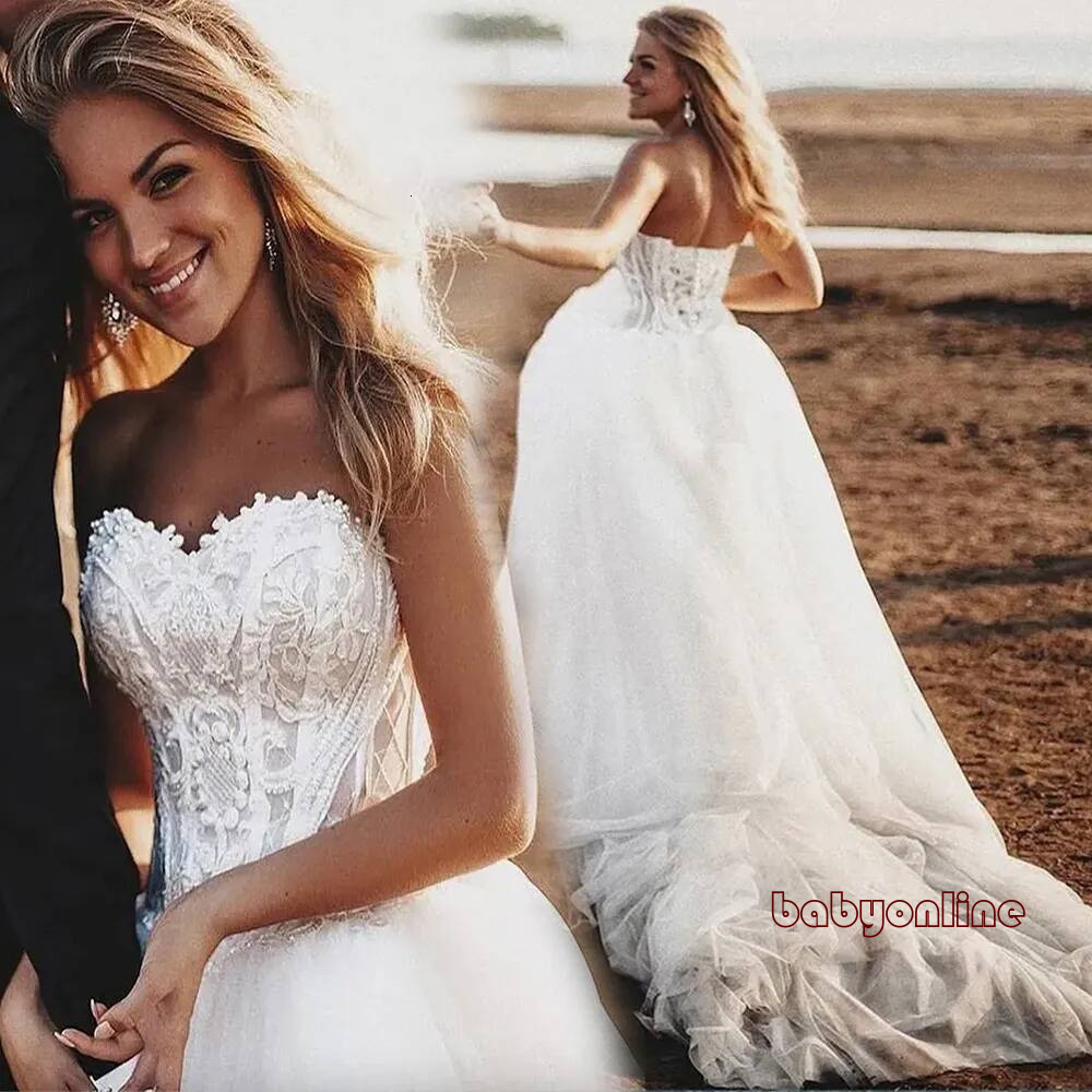 A Line Wedding Dress Country Bohemian Dresses Sweetheart Lace Appliques Boho Bridal Gowns Sexy Backless Sweep Train