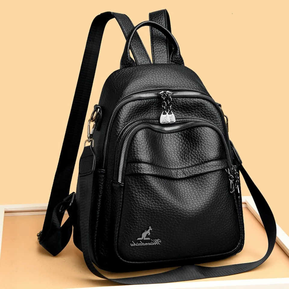 Leather Backpack Style Women's Soft Backpack Student School Bag Female High Quality Rucksack Multi-functional Ladies Shoulder Bag Commuting Sac