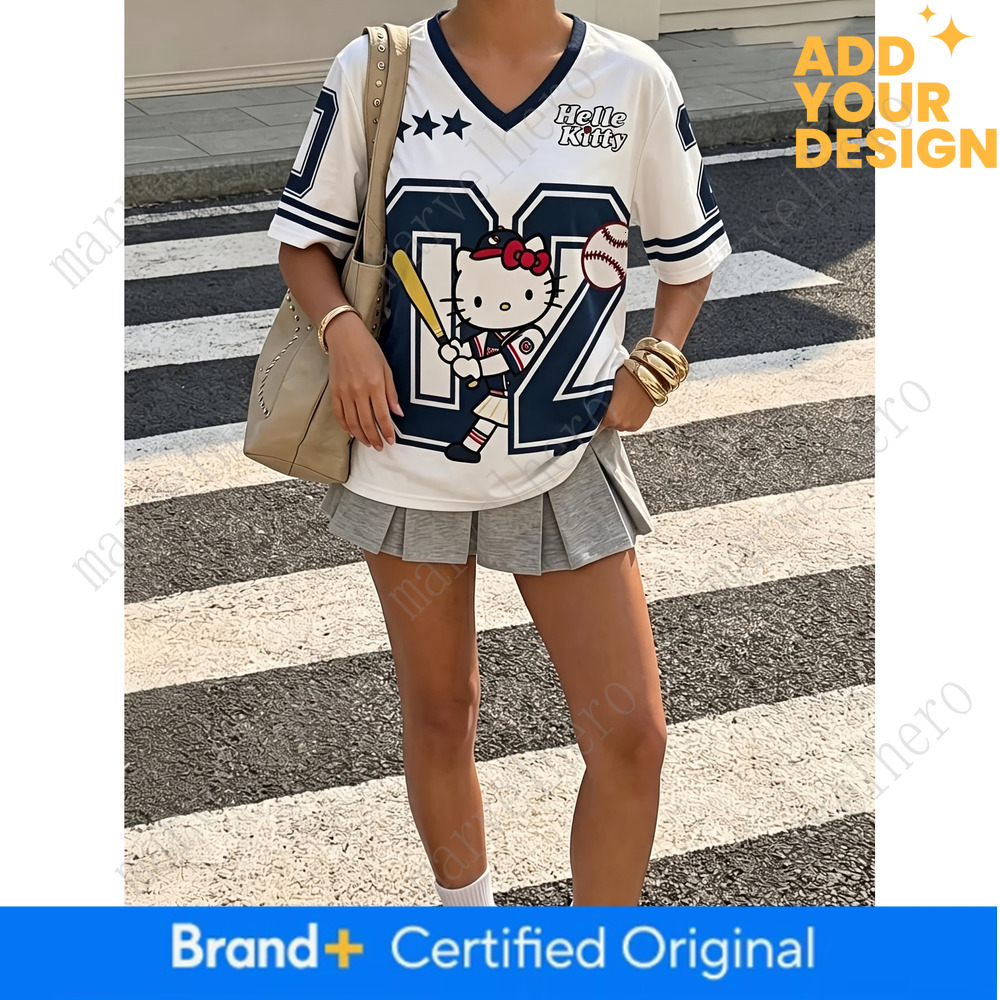 Sanrio Hello Kitty Varsity Baseball Women T Shirt V Neck Navy Blue White Color Block Loose Fit Double Sided Graphic Print Y2K Summer Tee