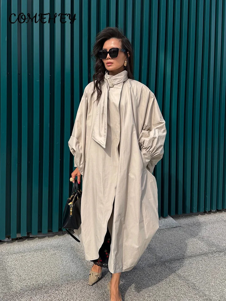 Autumn Stand Neck Belt Chic Women's Windbreaker Loose Full Batwing Sleeve Solid Long Trench Coat 2026 Street Fashion Outwear 260921