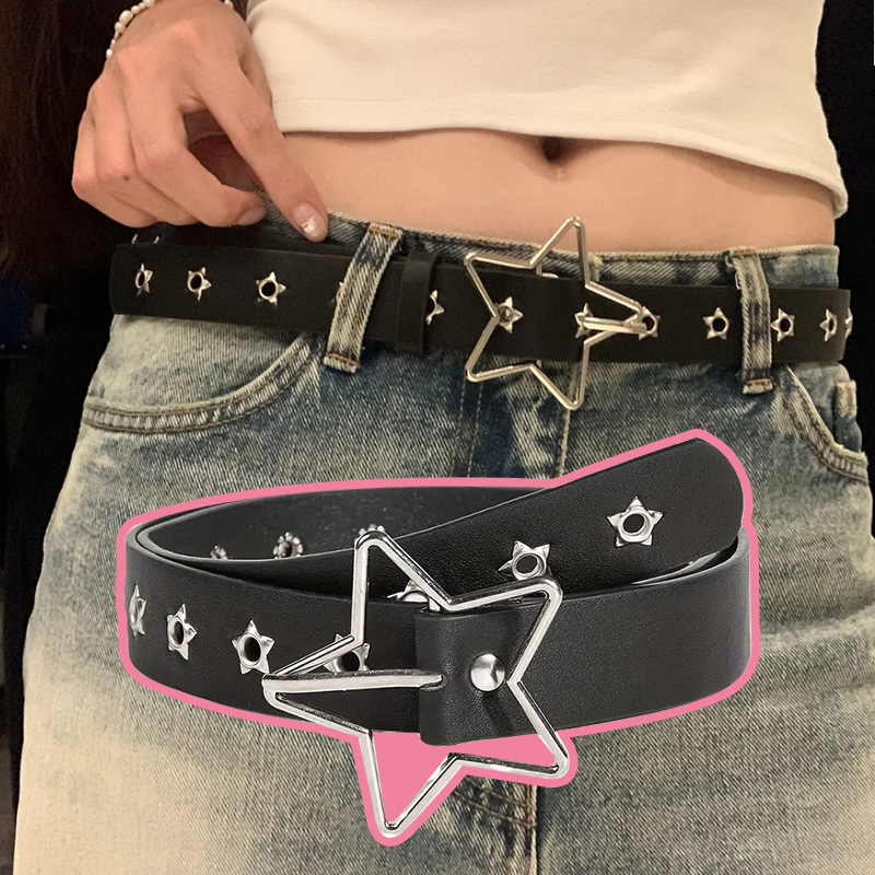 Y2K Punk Star Eyelet Black Rivet Belt,Gothic PU Leather Waist Belt, Adjustable Streetwear Accessory for Student Daily Party Wear 26L0922