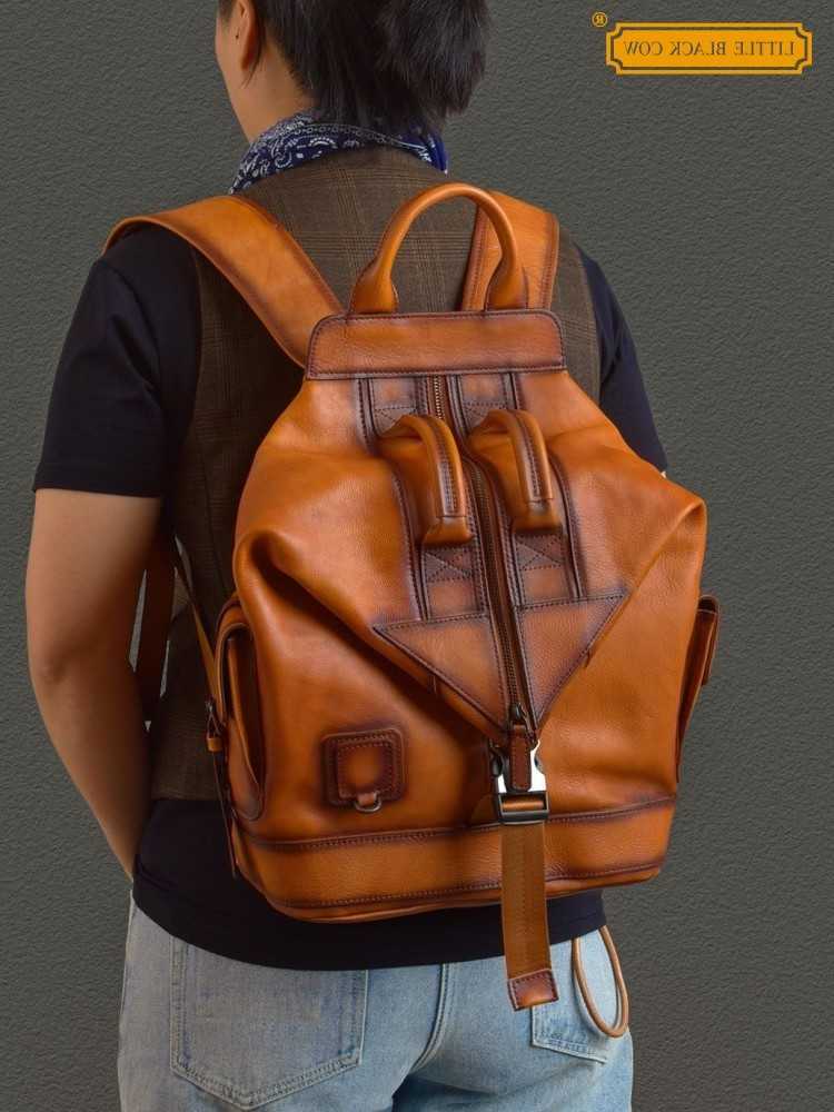 Mens Backpack Style High Quality Genuine Leather Backpack Handmade Personality Motorcycle Bag High Street Real Cowhide Casual Travel Backpacks H2609