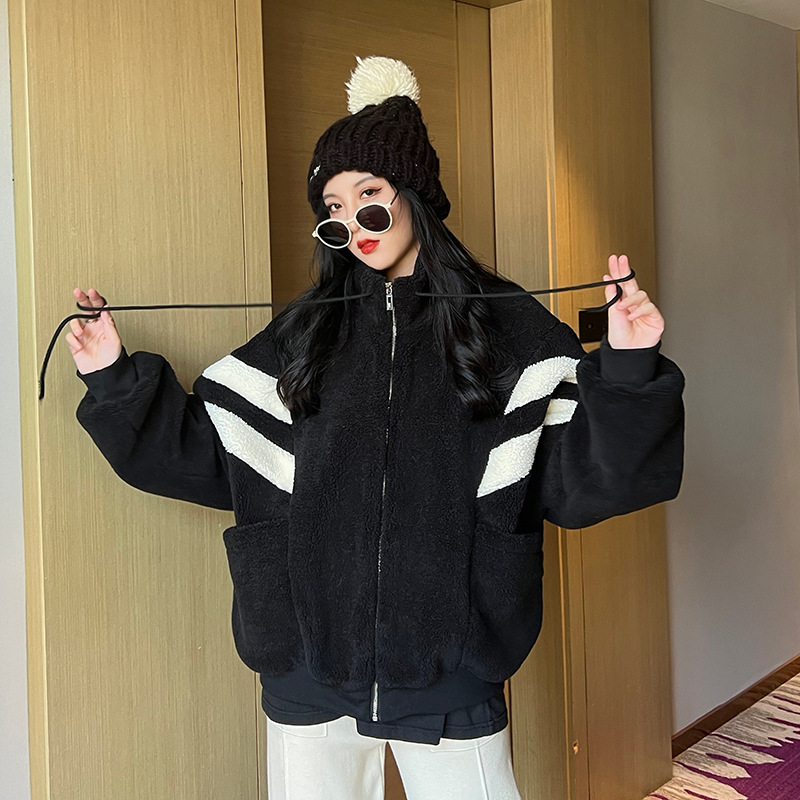 Women Color Block Black White Fluffy Plush Coat Korean Style Loose Fit Fleece Lined Outerwear For Ladies Autumn Winter Daily Street Shopping Dating