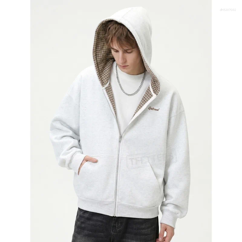 Abrigo de otoño para hombre, Sudadera con capucha con cremallera, talla europea, con forro a cuadros y letras bordadas, Sudadera con capucha informa