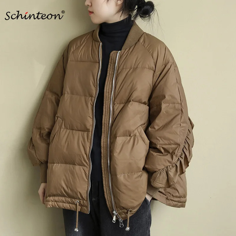 Schinteon Korean Style Women White Duck Down Jacket Loose Over Size Autumn Winter Warm Outwear Coat Ruffles Sleeves 260921