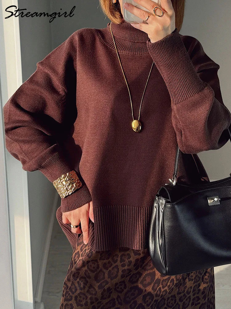 Winter Burgundy Sweater Women Turtleneck Warm Pullovers Knit Tops Brown Jumpers Oversized Thick Basic Womens Sweaters 260922