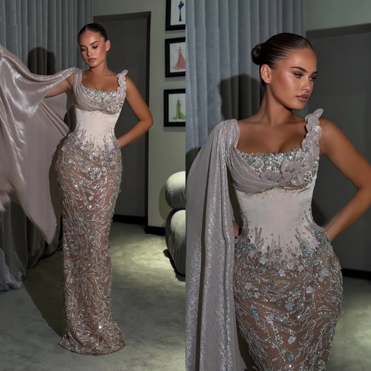 Exquisite Appliques Evening Dresses Sequins Illusion Mermaid Prom Dress Cape Party Gown Rhinestone Sleeveless Customized Vestidos De Noche Plus Size