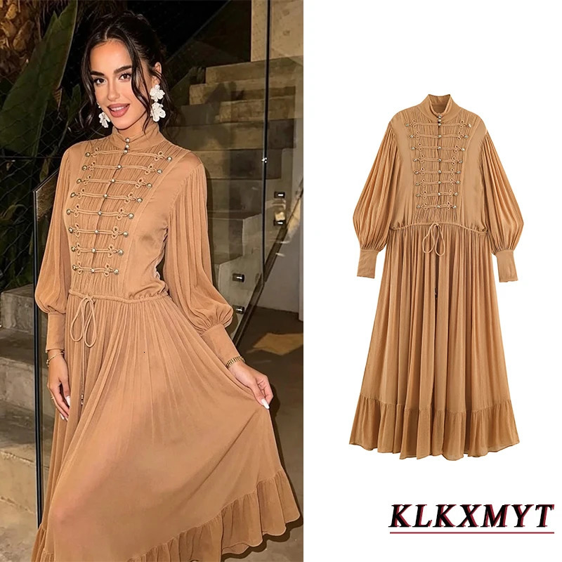 Womens Fashion DoubleBreasted Fold Long Dresses Elegant Long Sleeve ONeck Solid Dresses Chic Leisure Summer Vacation Dress 260922