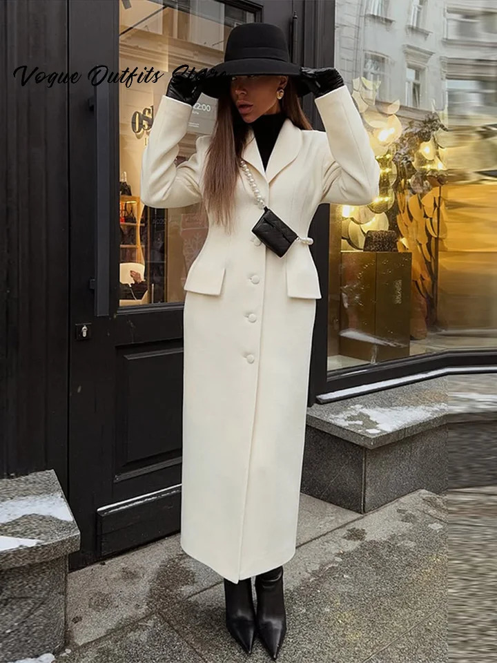 Elegant Long Single Breasted Woolen Coat Women Lapel Slim Waist Full Sleeve Warm Solid Overcoat 2025 Autumn Winter Lady Outwear 260922