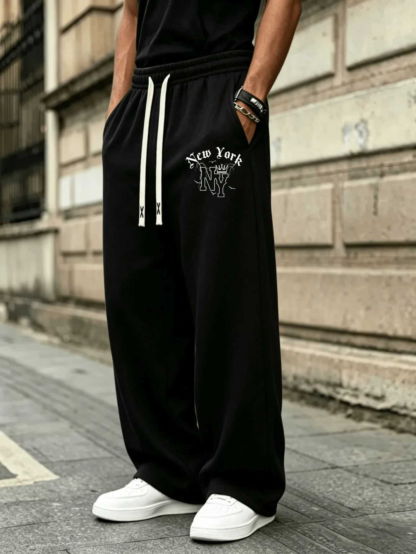 Men's Solid Color Sanitary Winter Pants 2026 Drawstring Waist Straight Wide Leg Loose Fit with Pockets Versatile Sports Trousers Q26092