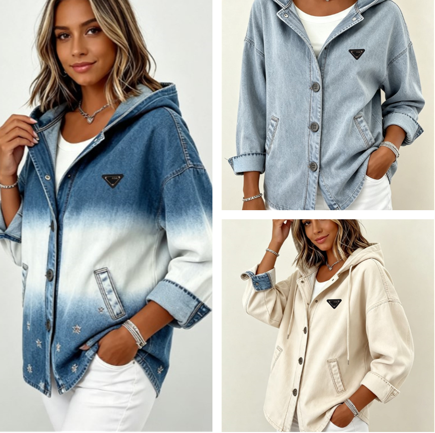 Women's hooded denim jacket with loose shoulder clothes print logo Letter Long Sleeved designer coat women's jeans jacket