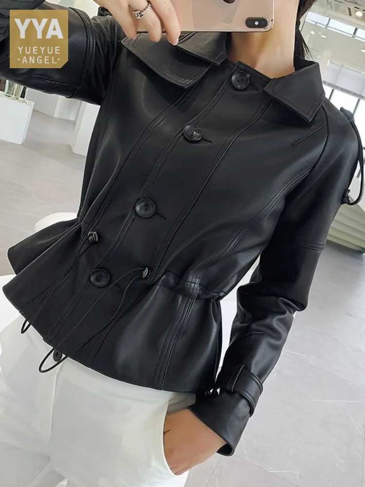 Genuine Office Ladies Leather Jacket Adjustable Waist Slim Fit Sheepskin Short Coat Women Single Breasted Punk Biker Outerwear C260921