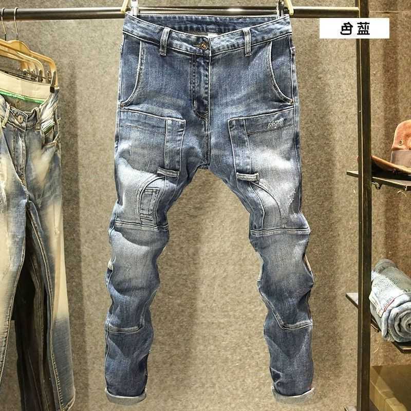 2025 Men's Jeans Spring Autumn Korean Luxury Clothing New Cargo Brand Tooling Jeans Men's Slim High Street Men's Splicing Patch Trous