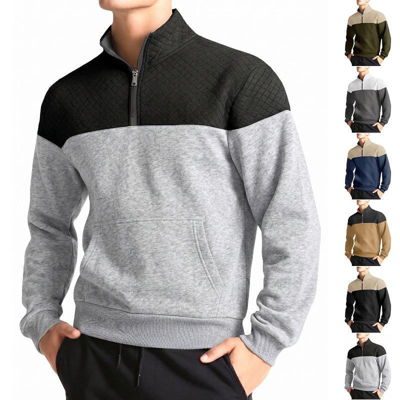 Sweat-shirt à manches longues pour hommes, bloc de couleurs, fermeture éclair, col montant, poche kangourou, poignets côtelés, texture mixte, hau