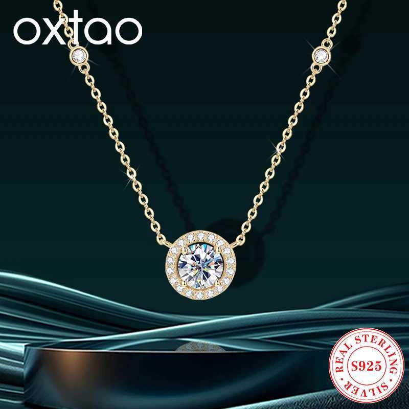 Pendant Necklaces OXTAO Women's Full Moissanite Necklace Original 925 Silver Classic Round Halo Pendant Necklace Exquisite Jewelry with Certifi