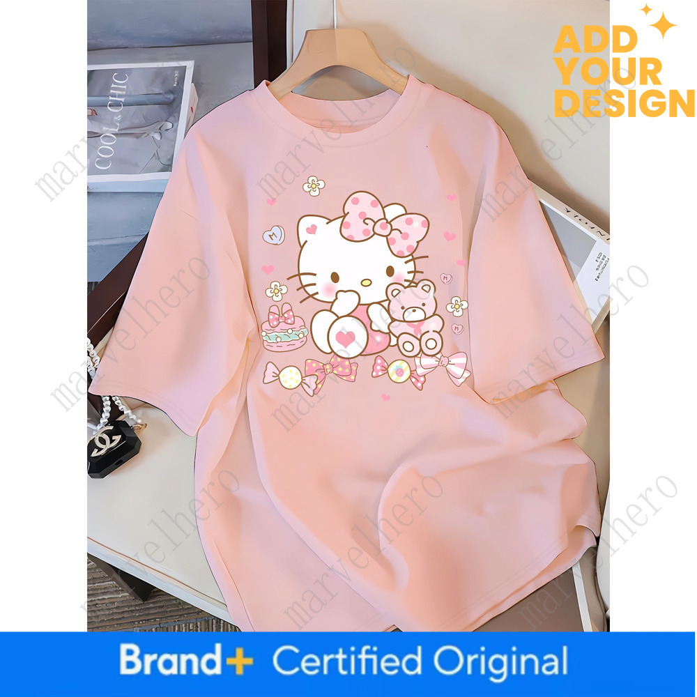 Hello Kitty Spring Summer Autumn New Round Neck Loose Fit Casual Cartoon Branded T Shirt For Home And Commuting Sanrio