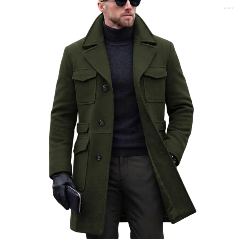 Autumn Winter Woolen Coats Men Solid Color Turn Down Collar Single Breasted Multi Pocket Smart Casual Trench Outerwear Man