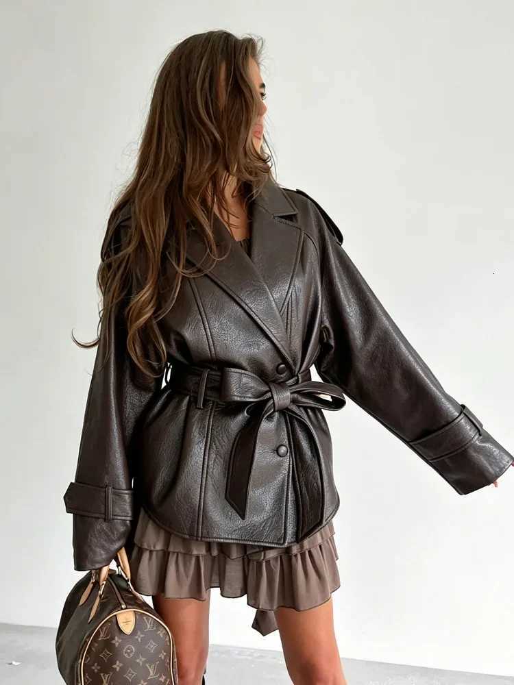 Short Ladies Oversized Faux Leather Coat Belted Waist Trench Lapel Collar Epaulet Long Sleeve Jacket Chic Daily Women Outerwear C260921