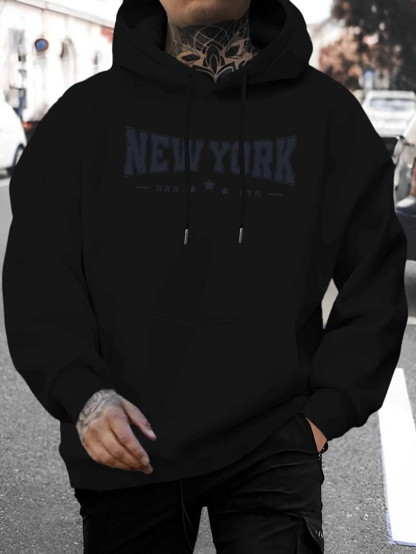 New Spring and Summer Mens Fashion New York Letter Printed Casual Hoodie Fashion Drawstring Hooded Autumn and Winter Top Comfortable Versatile Long