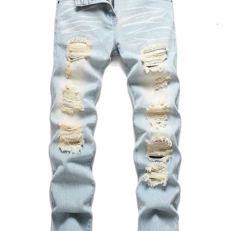 Light Mens Blue Straight Loose Fit Distressed Cat Whisker Denim Pants Casual Strtwear Stretch 28-4 S260922B7ZR