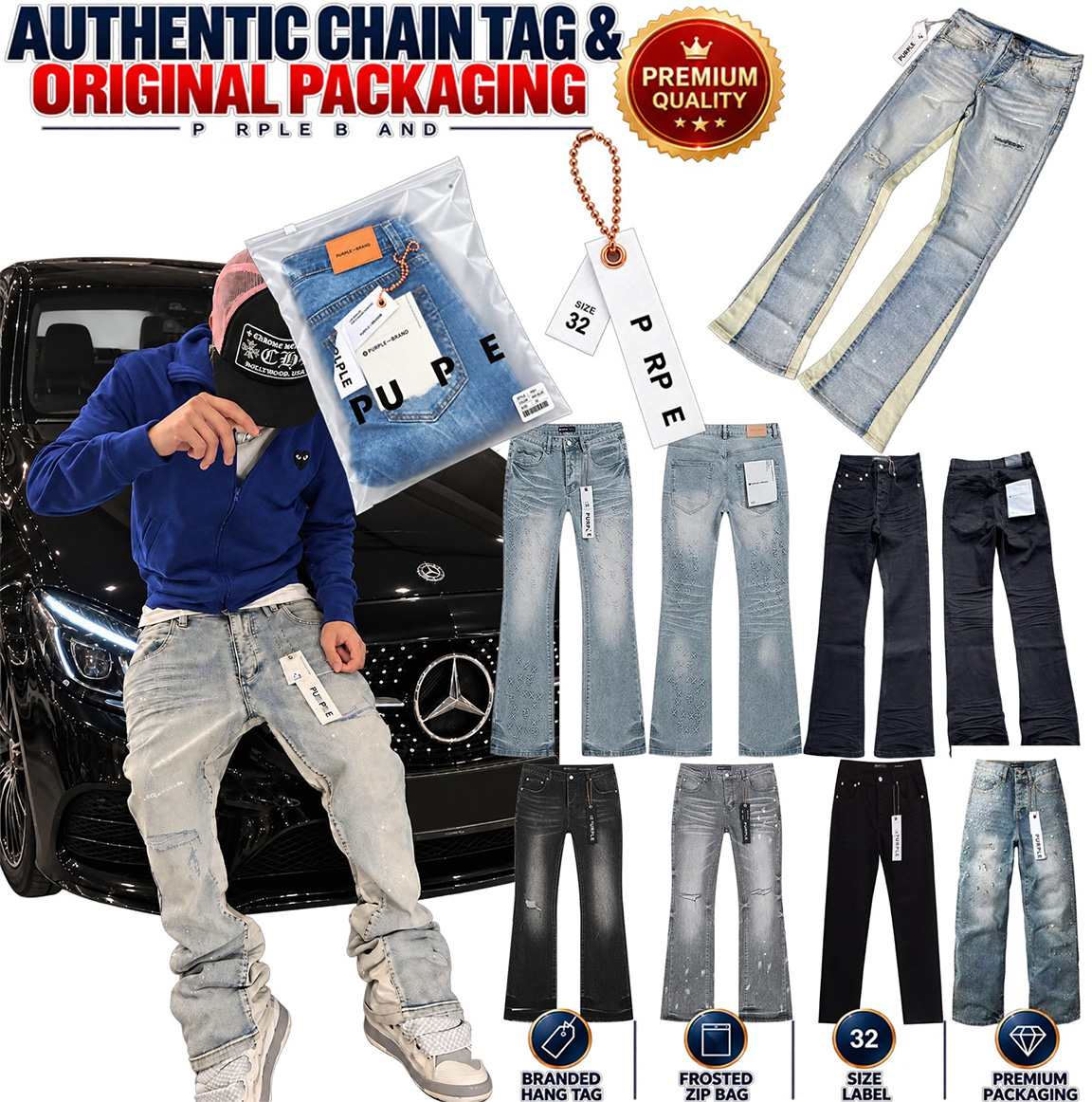 Purple Jean Mens Flared Jeans Bell Bottom Denim Pants Retro 70s Disco Style High Waist Streetwear Casual Trousers for Men