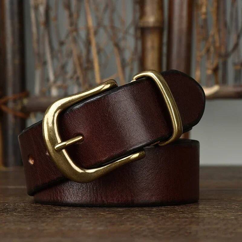 3.8CM Pure Cowhide Genuine Leather for Men High Quality Jeans Brass Buckle Belts Cowboy Waistband Male Fashion Designer Luxury 26L0922