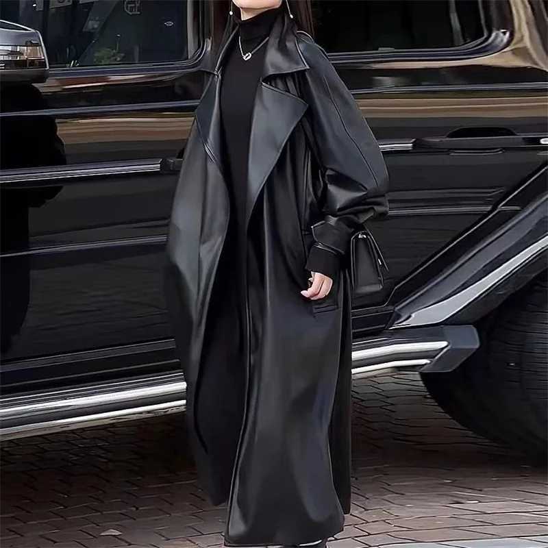 Leather Faux Women's Leather Design Blazers Leather Trench Coat For Women Spring Autumn Over The Knee Long PU Leather Jacket Female Black Leath