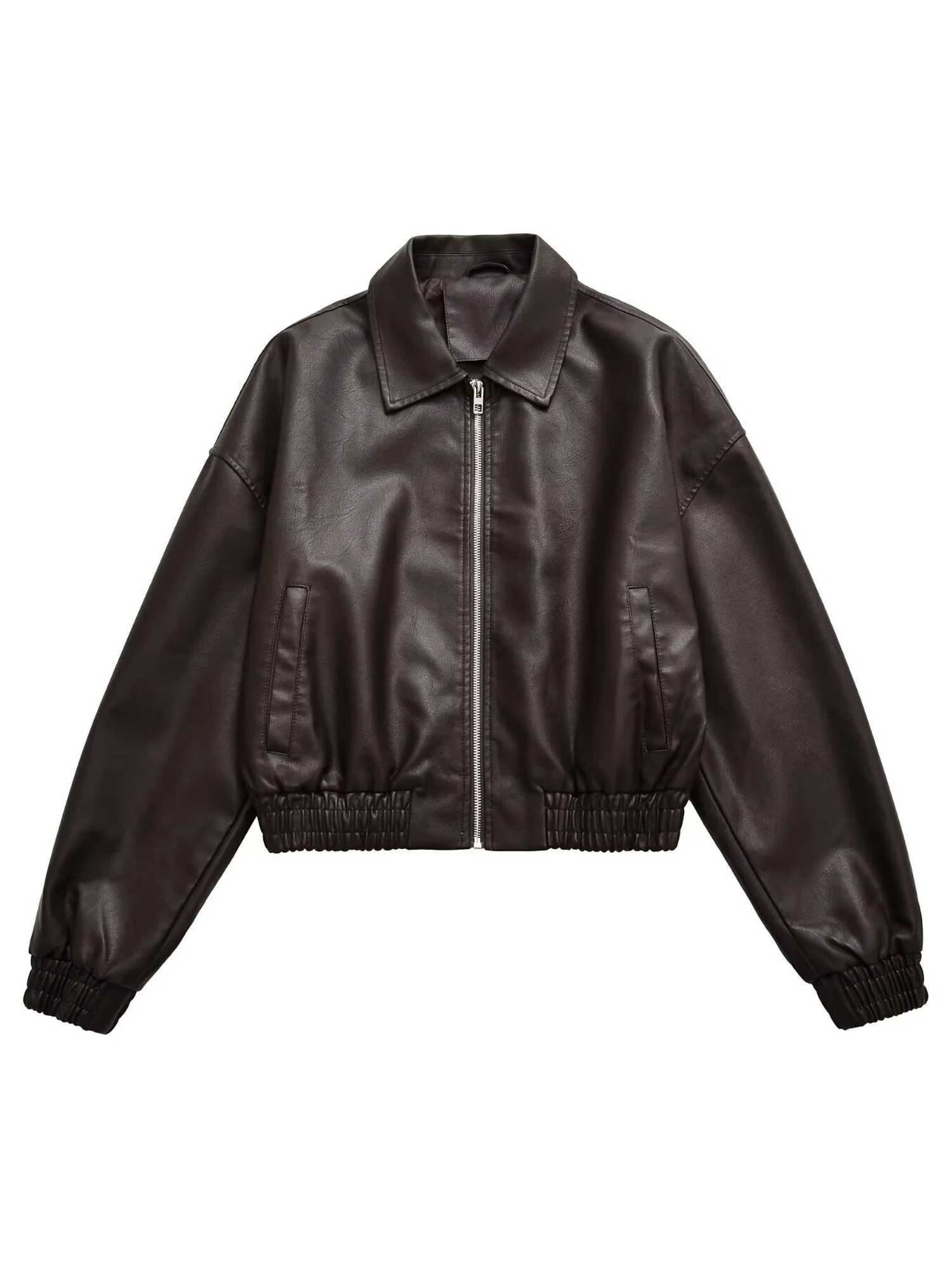 Faux Women's Leather Leather Vintage PU Leather Bomber Jackets 2025 Autumn New Ladies Zipper Lapel Long Sleeve Pocket Coat Brand Women's L