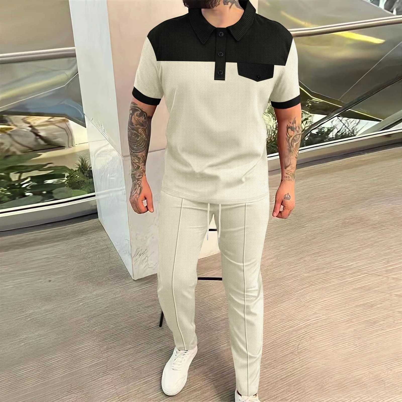Men's Men's Tracksuits 2025 new WaffLE COLor patchwork lapel button shirt short sLeeve shirt solid color trousers two men's suit J260